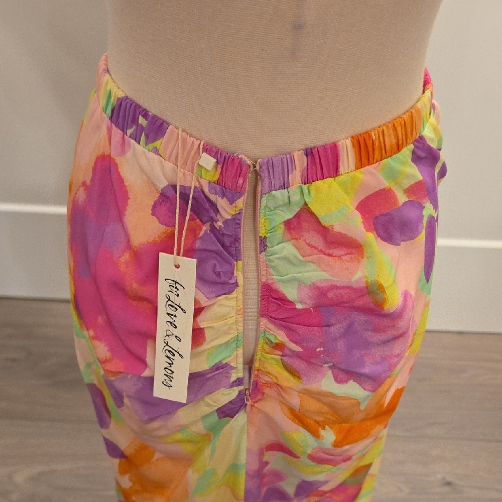 For Love And Lemons Pink,Orange,purple print midi ruched Skirt size L  NWTS - Picture 7 of 10